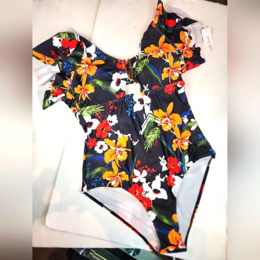 Edel‎ Qual New One Piece Ruffle Swimsuit Tummy Control Monokini 202 Tropical L